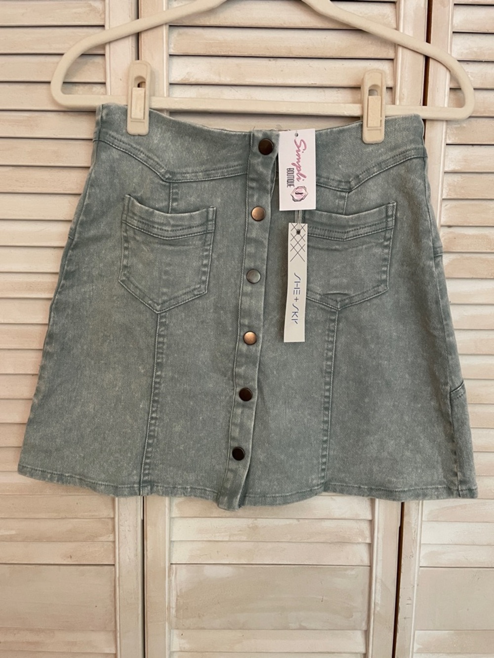 She + Sky Acid Wash Sage Denim Button-Front Mini Skirt w/ Stars Detail on Back